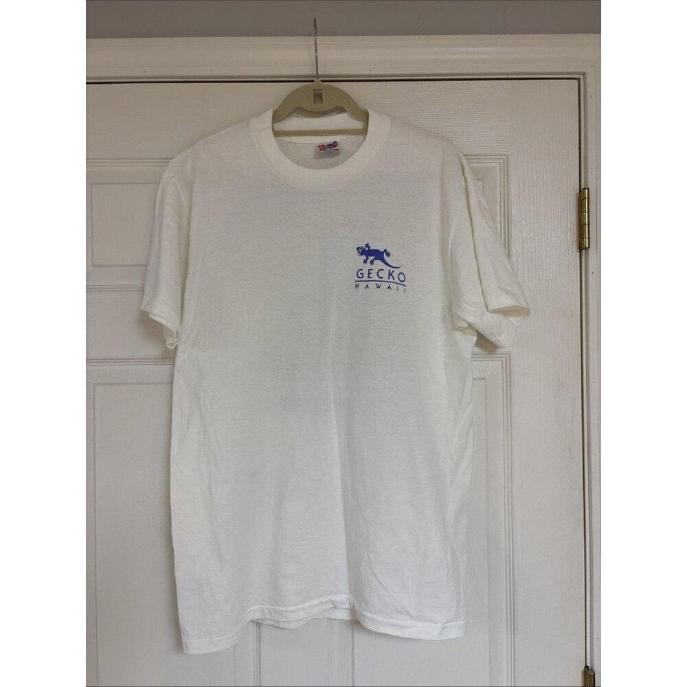 Gecko Hawaii Shirt White Vibrant Neon Gecko On Back 80’s 90’s Mens Tee Large